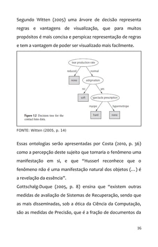 Segundo Witten (2005) uma árvore de decisão representa
regras e vantagens de visualização, que para muitos
propósitos é mais concisa e perspicaz representação de regras
e tem a vantagem de poder ser visualizado mais facilmente.
FONTE: Witten (2005, p. 14)
Essas ontologias serão apresentadas por Costa (2010, p. 36)
como a percepção deste sujeito que tornaria o fenômeno uma
manifestação em si, e que “Husserl reconhece que o
fenômeno não é uma manifestação natural dos objetos (…) é
a revelação da essência”.
Gottschalg-Duque (2005, p. 8) ensina que “existem outras
medidas de avaliação de Sistemas de Recuperação, sendo que
as mais disseminadas, sob a ótica da Ciência da Computação,
são as medidas de Precisão, que é a fração de documentos da
16
 