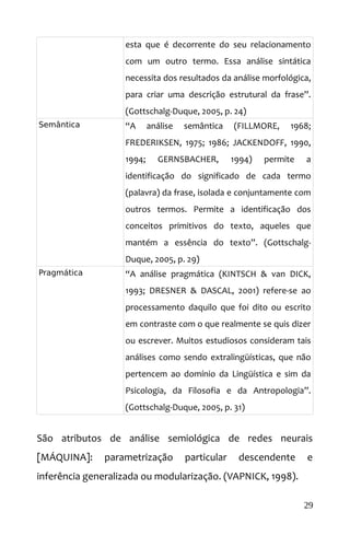 esta que é decorrente do seu relacionamento
com um outro termo. Essa análise sintática
necessita dos resultados da análise morfológica,
para criar uma descrição estrutural da frase”.
(Gottschalg-Duque, 2005, p. 24)
Semântica “A análise semântica (FILLMORE, 1968;
FREDERIKSEN, 1975; 1986; JACKENDOFF, 1990,
1994; GERNSBACHER, 1994) permite a
identificação do significado de cada termo
(palavra) da frase, isolada e conjuntamente com
outros termos. Permite a identificação dos
conceitos primitivos do texto, aqueles que
mantém a essência do texto”. (Gottschalg-
Duque, 2005, p. 29)
Pragmática “A análise pragmática (KINTSCH & van DICK,
1993; DRESNER & DASCAL, 2001) refere-se ao
processamento daquilo que foi dito ou escrito
em contraste com o que realmente se quis dizer
ou escrever. Muitos estudiosos consideram tais
análises como sendo extralingüísticas, que não
pertencem ao domínio da Lingüística e sim da
Psicologia, da Filosofia e da Antropologia”.
(Gottschalg-Duque, 2005, p. 31)
São atributos de análise semiológica de redes neurais
[MÁQUINA]: parametrização particular descendente e
inferência generalizada ou modularização. (VAPNICK, 1998).
29
 