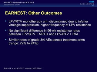 clinicaloptions.com/hiv
HIV/AIDS Update From IAS 2013
EARNEST: Other Outcomes
 LPV/RTV monotherapy arm discontinued due to inferior
virologic suppression, higher frequency of LPV resistance
 No significant difference in 96-wk resistance rates
between LPV/RTV + NRTIs and LPV/RTV + RAL
 Similar rates of grade 3/4 AEs across treatment arms
(range: 22% to 24%)
Paton N, et al. IAS 2013. Abstract WELBB02.
 