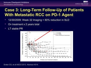 clinicaloptions.com/oncology
Immune Checkpoint Inhibitors
Drake CG, et al ASCO 2013. Abstract 4514.
Case 3: Long-Term Follow-Up of Patients
With Metastatic RCC on PD-1 Agent
 12/30/2009: Week 32 Imaging = 80% reduction in SLD
 On treatment x 2 years total
 LT stable PR
 