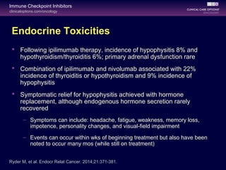 clinicaloptions.com/oncology
Immune Checkpoint Inhibitors
Endocrine Toxicities
 Following ipilimumab therapy, incidence of hypophysitis 8% and
hypothyroidism/thyroiditis 6%; primary adrenal dysfunction rare
 Combination of ipilimumab and nivolumab associated with 22%
incidence of thyroiditis or hypothyroidism and 9% incidence of
hypophysitis
 Symptomatic relief for hypophysitis achieved with hormone
replacement, although endogenous hormone secretion rarely
recovered
– Symptoms can include: headache, fatigue, weakness, memory loss,
impotence, personality changes, and visual-field impairment
– Events can occur within wks of beginning treatment but also have been
noted to occur many mos (while still on treatment)
Ryder M, et al. Endocr Relat Cancer. 2014;21:371-381.
 