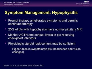 clinicaloptions.com/oncology
Immune Checkpoint Inhibitors
Weber JS, et al. J Clin Oncol. 2012;30:2691-2697.
Symptom Management: Hypophysitis
 Prompt therapy ameliorates symptoms and permits
continued therapy
 25% of pts with hypophysitis have normal pituitary MRI
 Monitor ACTH and cortisol levels in pts receiving
checkpoint inhibitors
 Physiologic steroid replacement may be sufficient
– Higher-dose in symptomatic pts (headaches and vision
changes)
 