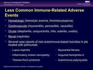 clinicaloptions.com/oncology
Immune Checkpoint Inhibitors
Less Common Immune-Related Adverse
Events
 Hematologic (hemolytic anemia, thrombocytopenia)
 Cardiovascular (myocarditis, pericarditis, vasculitis)
 Ocular (blepharitis, conjunctivitis, iritis, scleritis, uveitis)
 Renal (nephritis)
 Several case reports of rare autoimmune-based toxicities in pts
treated with ipilimumab
– Lupus nephritis
– Inflammatory enteric neuropathy
– Tolsosa-Hunt syndrome
Ipilimumab adverse reaction management guide.
– Myocardial fibrosis
– Acquired hemophilia A
– Autoimmune polymyositis
 