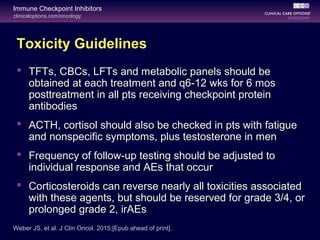 clinicaloptions.com/oncology
Immune Checkpoint Inhibitors
Toxicity Guidelines
 TFTs, CBCs, LFTs and metabolic panels should be
obtained at each treatment and q6-12 wks for 6 mos
posttreatment in all pts receiving checkpoint protein
antibodies
 ACTH, cortisol should also be checked in pts with fatigue
and nonspecific symptoms, plus testosterone in men
 Frequency of follow-up testing should be adjusted to
individual response and AEs that occur
 Corticosteroids can reverse nearly all toxicities associated
with these agents, but should be reserved for grade 3/4, or
prolonged grade 2, irAEs
Weber JS, et al. J Clin Oncol. 2015;[Epub ahead of print].
 