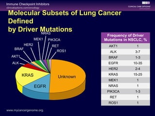 clinicaloptions.com/oncology
Immune Checkpoint Inhibitors
Frequency of Driver
Mutations in NSCLC, %
AKT1 1
ALK 3-7
BRAF 1-3
EGFR 10-35
HER2 2-4
KRAS 15-25
MEK1 1
NRAS 1
PIK3CA 1-3
RET 1
ROS1 1
BRAF
HER2
MEK1
AKT1
ALK
PIK3CA
NRAS
ROS1
RET
www.mycancergenome.org.
Molecular Subsets of Lung Cancer
Defined
by Driver Mutations
UnknownKRAS
EGFR
 