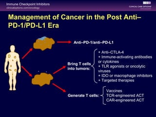 clinicaloptions.com/oncology
Immune Checkpoint Inhibitors
Management of Cancer in the Post Anti–
PD-1/PD-L1 Era
Anti–PD-1/anti–PD-L1
Generate T cells:
+ Anti–CTLA-4
+ Immune-activating antibodies
or cytokines
+ TLR agonists or oncolytic
viruses
+ IDO or macrophage inhibitors
+ Targeted therapies
Bring T cells
into tumors:
Vaccines
TCR-engineered ACT
CAR-engineered ACT
 
