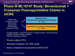 Treating the Patient With Newly Diagnosed Metastatic Colorectal Cancer
clinicaloptions.com/oncology

 Phase III ML18147 Study: Bevacizumab +
 Crossover Fluoropyrimidine Chemo in
 mCRC
                                              Bevacizumab* +
         Patients with              standard second-line chemotherapy†
     progressive mCRC                            (n = 591)
         after first-line
        bevacizumab/
        chemotherapy                Standard second-line chemotherapy‡
      (planned N = 822)                          (n = 595)

     *5 mg/kg on Days 1, 14 of 4-wk cycle or 7.5 mg/kg on Days 1, 22 of 6-wk cycle.
     †
       AIO-IRI, FOLFIRI, CAPIRI, or XELIRI.
     ‡
       FUFOX, FOLFOX, or CAPOX.

     Primary endpoint: PFS
     Secondary endpoints: OS, ORR, safety
     Status: completed; to be presented at ASCO 2012

ClinicalTrials.gov. NCT00700102.
 