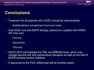 Treating the Patient With Newly Diagnosed Metastatic Colorectal Cancer
clinicaloptions.com/oncology




 Conclusions
  Treatment for all patients with mCRC should be individualized
       – Multidisciplinary management must occur early

  Anti-VEGF and anti-EGFR therapy options for a patient with KRAS
   WT may vary
       – First line

       – Second line

       – Third line

  ASCO 2012 will highlight the TML and DREAM trials, which may
   change second line and maintenance therapies as well as the role of
   EGFR tyrosine kinase inhibitors
  If approved by the FDA, aflibercept will be another option
 