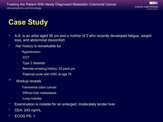 Treating the Patient With Newly Diagnosed Metastatic Colorectal Cancer
clinicaloptions.com/oncology




 Case Study
     A.S. is an artist aged 56 yrs and a mother of 2 who recently developed fatigue, weight
      loss, and abdominal discomfort
      Her history is remarkable for
       –    Hypertension
       –    CCY
       –    Type 2 diabetes
       –    Remote smoking history: 22 pack-yrs
       –    Paternal uncle with CRC at age 76

      Workup reveals
       –    Transverse colon cancer
       –    Diffuse liver metastases
       –    Lung nodules
     Examination is notable for an enlarged, moderately tender liver
     CEA: 243 ng/mL
     ECOG PS: 1
 