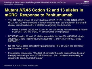 Treating the Patient With Newly Diagnosed Metastatic Colorectal Cancer
clinicaloptions.com/oncology



 Mutant KRAS Codon 12 and 13 alleles in
 mCRC: Response to Panitumumab
     The MT KRAS codon 12 and 13 alleles (G12A, G12C, G12D, G12R, G12S,
      G12V, G13D) were detected in tumor biopsies from pts enrolled in 3 phase III
      clinical trials (combined N = 2606) investigating panitumumab
       – Phase III studies (20050203, 20050181, and 20020408): Pts randomized to receive
         FOLFOX4, FOLFIRI, or BSC +/- panitumumab 6.0 mg/kg Q2W

     MT KRAS codon 12 and 13 alleles were detected in 40% (440/1096, study
      20050203), 45% (486/1083, study 20050181), and 43% (184/427, study
      20050181)
     No MT KRAS allele consistently prognostic for PFS or OS in the control or
      panitumumab arms
     Investigator conclusion: “The lack of consistent results across three lines of
      therapy indicates pts with MT KRAS codon 12 or 13 alleles are unlikely to
      respond to panitumumab therapy”


Peeters M, et al. ASCO 2012. Abstract 383.
 
