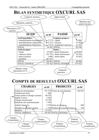 ESC PAU – Passerelle II - Année 2006/2007                                        Comptabilité générale


       BILAN SYNTHETIQUE OXCURL SAS
                      Logiciels, licences, …               Apport initial

                                                                                             Bénéfices des
           Bâtiments, matériel, …
                                                                                            années passées

Placements à LT,
   cautions, …
                        ACTIF                   en k€          PASSIF                 en k€
            Actif immobilisé :                          Capitaux propres :
            - immobilisations incorporelles       2 273 - capital                        3 000
            - immobilisations corporelles         6 115 - réserves                      57 942
            - immobilisations financières         1 913 - résultat de l’exercice        21 252
            TOTAL                                10 301 TOTAL                           82 194
            Actif circulant :                           Dettes :
            - stocks                             25 699 - dettes financières            50 084
            - créances clients                  133 719 - dettes fournisseurs           29 554
            - autres créances                     3 008 - autres dettes                 19 425
            - liquidités                          6 435
            TOTAL                               168 861 TOTAL                           96 968
            TOTAL GENERAL                       179 162 TOTAL GENERAL                  179 162

          Banque, caisse,
       placements à CT, …                                       Emprunts
                                                               bancaires, …



     COMPTE DE RESULTAT OXCURL SAS
                   CHARGES                     en k€         PRODUITS                    en k€
         Achats de marchandises                151 770   Ventes de marchandises          282 857
         Variation de stock                      - 960
         Autres achats et charges externes      80 745
         Impôts et taxes                         2 360
         Charges de personnel                   19 750
         Dotations aux amortissements            1 930
         Intérêts financiers                     5 570   Gains de change                      960
         Pénalités et amendes versées            1 530   Produits de cession d’immos          130
         Bénéfice                               21 252
         TOTAL GENERAL                         283 947   TOTAL GENERAL                   283 947

   Charges
d’exploitation                       Charges                                    Produits
                                  exceptionnelles                              financiers
                     Charges                                  Produits                                Produits
                   financières                             d’exploitation                           exceptionnels


  Laurence Le Gallo                                                                                     10
 