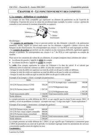 ESC PAU – Passerelle II - Année 2006/2007                                      Comptabilité générale

          CHAPITRE 4 – LE FONCTIONNEMENT DES COMPTES
1. Le compte : définition et vocabulaire
Le compte est une fiche comptable qui représente un élément du patrimoine ou de l’activité de
l’entreprise. Il permet de suivre la valeur de cet élément (par exemple, le comte « caisse » permet de
connaître à tout moment le montant disponible en espèces).

                      Ventes                      Terrains

                    Salaires                           Stocks
                                                       Dettes
                     Publicité
                                                    fournisseurs
On distingue :
- les comptes de patrimoine. Ceux-ci peuvent porter sur des éléments « positifs » du patrimoine
(matériel, stocks, argent en caisse) mais aussi sur les éléments « négatifs » (dettes vis-à-vis des
banques ou des fournisseurs). Ils correspondent aux classes 1 à 5 du PCG et sont regroupés au bilan.
- les comptes de gestion qui portent sur des emplois ou des ressources définitifs, également appelés
charges et produits. Ils correspondent aux classes 6 et 7 du PCG et sont regroupés au compte de
résultat.
Pour suivre les variations de valeur de ces éléments, le compte comporte deux colonnes de valeur :
• la colonne de gauche s’appelle le débit du compte
• la colonne de droite s’appelle le crédit du compte
Le solde d’un compte représente la valeur de l’élément à la date du calcul. Il se calcule par
différence entre le total des sommes au débit et celui des sommes au crédit :
- lorsque le total du débit est supérieur au total du crédit on dit que le solde est débiteur,
- lorsque le total du crédit est supérieur au total du débit on dit que le solde est créditeur,
- lorsque le total du crédit est égal au total du débit on dit que le solde est nul.
Exemple d’un compte « client » (compte de patrimoine) :
                     Débit                                            Crédit
                                                 01/12/N Acompte reçu / commande            100,00
 10/12/N Facture émise n°2542             556,50
                                                 12/12/N Règlement reçu                     456,50
 20/12/N Facture émise n°2689          1 587,50
                                                 22/12/N Règlement reçu                   1 387,50
 Total mouvements débit                2 144,00 Total mouvements crédit                   1 944,00
 Solde débiteur                           200,00
Le compte présente un solde débiteur de 200 €, ce qui signifie que le client X doit encore 200 €. Il
semble y avoir un problème à éclaircir : acompte non reçu ? Litige non réglé ? Autre explication ?
Exemple d’un compte « honoraires » (compte de gestion) :
                     Débit                                         Crédit
 10/12/N Facture reçue, avocat            800,00
 15/12/N Fact. reçue expert comptable 500,00
 20/12/N Facture reçue, consultant        900,00
 Total mouvements débit                 2 200,00 Total mouvements crédit                 0,00
 Solde débiteur                         2 200,00
Le compte présente un solde débiteur de 2 200 €, ce qui signifie que l’entreprise a consommé pour
2 200 € de prestations au cours de la période. Ce montant regroupe toutes les prestations de services
consommées quelles aient été réglées ou non.
Vocabulaire :
Laurence Le Gallo                                                                                  17
 