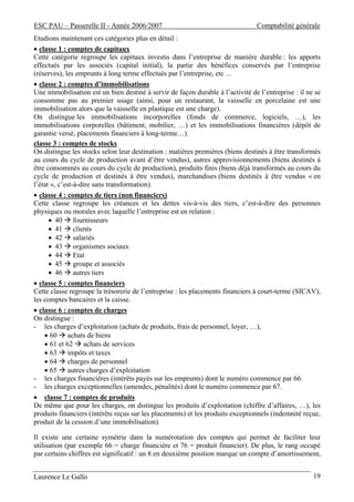 ESC PAU – Passerelle II - Année 2006/2007                                       Comptabilité générale
Etudions maintenant ces catégories plus en détail :
• classe 1 : comptes de capitaux
Cette catégorie regroupe les capitaux investis dans l’entreprise de manière durable : les apports
effectués par les associés (capital initial), la partie des bénéfices conservés par l’entreprise
(réserves), les emprunts à long terme effectués par l’entreprise, etc ...
• classe 2 : comptes d’immobilisations
Une immobilisation est un bien destiné à servir de façon durable à l’activité de l’entreprise : il ne se
consomme pas au premier usage (ainsi, pour un restaurant, la vaisselle en porcelaine est une
immobilisation alors que la vaisselle en plastique est une charge).
On distingue les immobilisations incorporelles (fonds de commerce, logiciels, …), les
immobilisations corporelles (bâtiment, mobilier, …) et les immobilisations financières (dépôt de
garantie versé, placements financiers à long-terme…).
classe 3 : comptes de stocks
On distingue les stocks selon leur destination : matières premières (biens destinés à être transformés
au cours du cycle de production avant d’être vendus), autres approvisionnements (biens destinés à
être consommés au cours du cycle de production), produits finis (biens déjà transformés au cours du
cycle de production et destinés à être vendus), marchandises (biens destinés à être vendus « en
l’état », c’est-à-dire sans transformation).
• classe 4 : comptes de tiers (non financiers)
Cette classe regroupe les créances et les dettes vis-à-vis des tiers, c’est-à-dire des personnes
physiques ou morales avec laquelle l’entreprise est en relation :
      • 40 fournisseurs
      • 41 clients
      • 42 salariés
      • 43 organismes sociaux
      • 44 Etat
      • 45 groupe et associés
      • 46 autres tiers
• classe 5 : comptes financiers
Cette classe regroupe la trésorerie de l’entreprise : les placements financiers à court-terme (SICAV),
les comptes bancaires et la caisse.
• classe 6 : comptes de charges
On distingue :
- les charges d’exploitation (achats de produits, frais de personnel, loyer, …),
    • 60 achats de biens
    • 61 et 62 achats de services
    • 63 impôts et taxes
    • 64 charges de personnel
    • 65 autres charges d’exploitation
- les charges financières (intérêts payés sur les emprunts) dont le numéro commence par 66.
- les charges exceptionnelles (amendes, pénalités) dont le numéro commence par 67.
• classe 7 : comptes de produits
De même que pour les charges, on distingue les produits d’exploitation (chiffre d’affaires, …), les
produits financiers (intérêts reçus sur les placements) et les produits exceptionnels (indemnité reçue,
produit de la cession d’une immobilisation).

Il existe une certaine symétrie dans la numérotation des comptes qui permet de faciliter leur
utilisation (par exemple 66 = charge financière et 76 = produit financier). De plus, le rang occupé
par certains chiffres est significatif : un 8 en deuxième position marque un compte d’amortissement,


Laurence Le Gallo                                                                                    19
 