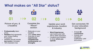 Picture of you, &
a headline
01
What makes an “All Star” status?
• Professionally taken
photo
• Headline that represents
your Unique Selling
Proposition
• Headline should include
key words or phrases,
• 120 characters max
Complete the
“About”
section
02
• Elaborate on your
headline
• Your career story
• Overview of your
experiences,
competencies,
achievements and
strengths
Update your work
experiences, location
& industry
03
• Work Experiences:
List 2 and 2 prior with
200 to 2000 characters
• Locations and Industry:
to show where you
operate
Get connected, fill
in your education
background
04
• At least 50
connections
• Include your
education:
qualification, year
and school
 