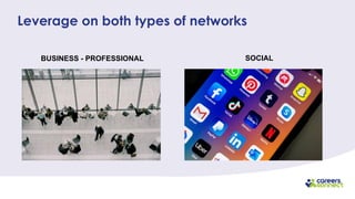 Leverage on both types of networks
BUSINESS - PROFESSIONAL SOCIAL
 
