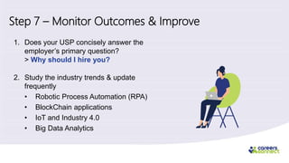 Step 7 – Monitor Outcomes & Improve
1. Does your USP concisely answer the
employer’s primary question?
> Why should I hire you?
2. Study the industry trends & update
frequently
• Robotic Process Automation (RPA)
• BlockChain applications
• IoT and Industry 4.0
• Big Data Analytics
 