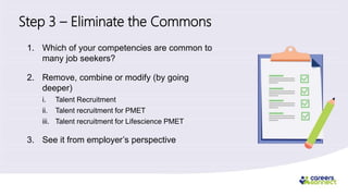 Step 3 – Eliminate the Commons
1. Which of your competencies are common to
many job seekers?
2. Remove, combine or modify (by going
deeper)
i. Talent Recruitment
ii. Talent recruitment for PMET
iii. Talent recruitment for Lifescience PMET
3. See it from employer’s perspective
 