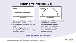 Sensing vs Intuition (S-I)
• See and collect fact and details
• Practical and realistic
• Live in present, dealing with he...
