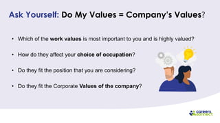 Ask Yourself: Do My Values = Company’s Values?
• Which of the work values is most important to you and is highly valued?
•...