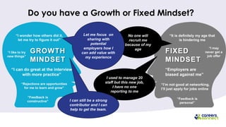 No one will
recruit me
because of my
age
I used to manage 20
staff but this new job,
I have no one
reporting to me
I can still be a strong
contributor and I can
help to gel the team.
Do you have a Growth or Fixed Mindset?
Let me focus on
sharing with
potential
employers how I
can add value with
my experience
 