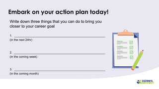 Embark on your action plan today!
Write down three things that you can do to bring you
closer to your career goal
1. _______________________________________________________
(in the next 24hr)
2. _______________________________________________________
(in the coming week)
3. _______________________________________________________
(in the coming month)
 