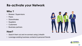 13
Re-activate your Network
Who ?
• Bosses / Supervisors
• Peers
• Subordinates
• Suppliers
• Customers
• Business partners
How?
• Search them out and re-connect using LinkedIn
• Leverage existing business contacts & personal friends
 