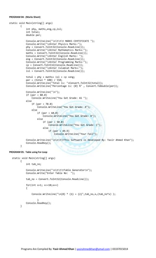 PROGRAM 04: (Marks Sheet)

static void Main(string[] args)
        {
            int phy, maths,eng,cp,isl;
            int total;
            double per;

              Console.WriteLine("nttt MARKS CERTIFICATE ");
              Console.Write("nEnter Physics Marks:");
              phy = Convert.ToInt32(Console.ReadLine());
              Console.Write("nEnter Mathematics Marks:");
              maths = Convert.ToInt32(Console.ReadLine());
              Console.Write("nEnter English Marks: ");
              eng = Convert.ToInt32(Console.ReadLine());
              Console.Write("nEnter Programming Marks:");
              cp = Convert.ToInt32(Console.ReadLine());
              Console.Write("nEnter Islamiat Marks:");
              isl = Convert.ToInt32(Console.ReadLine());

              total = phy + maths+ isl + cp +eng;
              per = (total * 100) / 550;
              Console.WriteLine("Total is: "+Convert.ToInt32(total));
              Console.WriteLine("Percentage is: {0} %" , Convert.ToDouble(per));

              Console.WriteLine("n");
              if (per > 80.0)
                   Console.WriteLine("You Got Grade: A1 ");
              else
                   if (per > 70.0)
                        Console.WriteLine("You Got Grade: A");
                   else
                        if (per > 60.0)
                             Console.WriteLine("You Got Grade: B");
                        else
                             if (per > 50.0)
                                  Console.WriteLine("You Got Grade: C");
                             else
                                  if (per < 49.9)
                                      Console.WriteLine("Your Fail");

              Console.WriteLine("nnttThis Software is Developed By: Yasir Ahmed Khan");
              Console.ReadKey();
         }

PROGRAM 05: Table using For Loop

  static void Main(string[] args)
        {
            int tab_no;

              Console.WriteLine("ntttTable Generatorn");
              Console.Write("Enter Table No: ");

              tab_no = Convert.ToInt32(Console.ReadLine());

              for(int x=1; x<=10;x++)
              {

                  Console.WriteLine("n{0} * {1} = {2}",tab_no,x,(tab_no*x) );

                      }
              Console.ReadKey();
         }




          Programs Are Compiled By: Yasir Ahmed Khan | yasirahmedkhan@ymail.com | 03337015014
 
