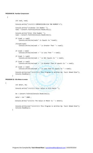 PROGRAM 09: Number Compression

    {

             int num1, num2;

             Console.Write("nntt COMPARISSION B/W TWO NUMBER's");

             Console.Write("nnEnter Ist Number ");
             num1 = Convert.ToInt32(Console.ReadLine());

             Console.Write("Enter IInd Number ");
             num2 = Convert.ToInt32(Console.ReadLine());

             if (num1 == num2)
                 Console.WriteLine(num1+" is Equals to "+num2);

             if(num1>num2)
                 Console.WriteLine(num1 + " is Greater Than " + num2);


             if (num1 < num2)
                 Console.WriteLine(num1 + " is Less Than " + num2);

             if (num1 != num2)
                 Console.WriteLine(num1 + " is Not Equals to " + num2);

             if (num1 >= num2)
                 Console.WriteLine(num1 + " is Greater Than or equals to " + num2);

             if (num1 <= num2)
                 Console.WriteLine(num1 + " is Less Than or equals to " + num2);

             Console.WriteLine("nnttt This Program is Written By: Yasir Ahmed Khan");
             Console.ReadKey();
         }

PROGRAM 10: Kilo Meter to meter

{
             int meter, km;

             Console.Write("nntt Enter Value in Kilo Meter ");


             km = Convert.ToInt32(Console.ReadLine());

             meter = km * 1000 ;

             Console.Write("nntt The Value in Meter Is " + meter);


             Console.WriteLine("nnttt This Program is Written By: Yasir Ahmed Khan");
             Console.ReadKey();
         }




         Programs Are Compiled By: Yasir Ahmed Khan | yasirahmedkhan@ymail.com | 03337015014
 