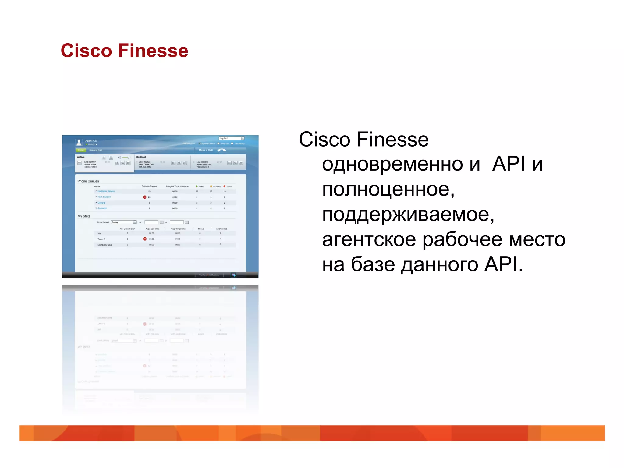 Cisco Finesse



                Cisco Finesse
                  одновременно и API и
                  полноценное,
                  поддерживаемое,
                  агентское рабочее место
                  на базе данного API.
 