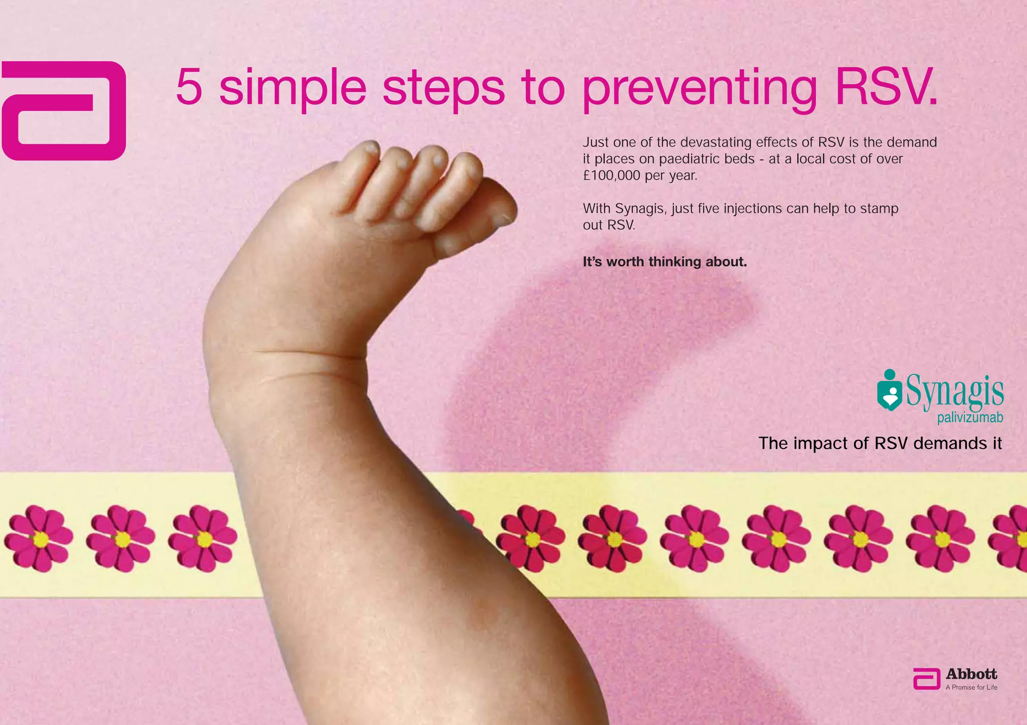 5 simple steps to preventing RSV.
                 Just one of the devastating effects of RSV is the demand
                 it places on paediatric beds - at a local cost of over
                 £100,000 per year.

                 With Synagis, just five injections can help to stamp
                 out RSV.

                 It’s worth thinking about.




                                              The impact of RSV demands it
 