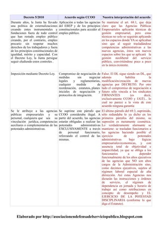 Decreto 5/2010 Acuerdo según CCOO Nuestra interpretación del acuerdo
Durante años, la Junta ha llevado
una política de externalizaciones
creando entes instrumentales y
fundaciones fuera de todo control
que han restado empleo público
creando, por el contrario, empleo
precario sin respetar muchos
derechos de los trabajadores y fuera
de los principios constitucionales de
igualdad, mérito y capacidad. Con
el Decreto Ley, la Junta persigue
seguir eludiendo estos controles .
Aplicación a todas las agencias
del EBEP y de los principios
constitucionales para acceder al
empleo público.
Se mantiene el art. 68.1, que deja
claro que las Agencias Públicas
Empresariales aplicarán técnicas de
gestión empresarial, pero estas
técnicas no solo se seguirán aplicando
en los espacios donde YA se aplicaban
sino que al seguir trasladándose
competencias administrativas a las
nuevas agencias, éstos son nuevos
espacios sobre los que se aplicará la
gestión neoliberal del servicio
público, convirtiéndose poco a poco
en la única existente.
Imposición mediante Decreto Ley. Compromiso de negociación de
medidas sin negociar
legales y reglamentarias,
cualquier medida de
reordenación, estatutos, planes
iniciales de negociación y
protocolos de integración.
Falso. El DL sigue siendo un DL, que
además habilita la
modificación/creación de nuevas
agencias por DECRETO. Por otro
lado el compromiso de negociación a
futuro sólo vincula a los sindicatos
FIRMANTES (es decir,
exclusivamente CCOO y UGT)... lo
cual no parece a la vista de este
acuerdo ninguna garantía
Se le atribuye a las agencias
públicas empresariales y su
personal, cualquiera que sea su
vinculación jurídica, competencias
auxiliares o complementarias de las
potestades administrativas.
Se suprime este párrafo que
CCOO consideraba ilegal. A
partir del acuerdo, las agencias
estarán obligadas a realizar las
potestades administrativas
EXCLUSIVAMENTE a través
de personal funcionario,
reforzando el control de las
mismas.
El último párrafo del 69.3, suprimido,
sólo redundaba lo ya dicho en los
primeros párrafos del mismo, su
supresión es meramente cosmética.
Lo verdaderamente alarmante se
mantiene: se trasladan funcionarios a
las agencias haciendo posible el
ejercicio de potestades
administrativas bajo lógicas
empresariales/economicas, y con
ausencia total de objetividad e
imparcilidad, ya que se obliga a los
funcionarios a depender
funcionalmente de los altos ejecutivos
de las agencias que NO son altos
cargos de la Administración sino,
como decimos ejecutivos, sujetos al
régimen laboral especial de alta
dirrección. Así estas Agencias nos
dictarán las instrucciones y órdenes
de servicio, el régimen de
dependencia en jornada y horario de
trabajo así como retribuciones en
concepto de desempeño y EL
EJERCICIO DE LA POTESTAD
DISCIPLINARIA (conforme lo que
diga el Estatuto).
Elaborado por http://asociacionendefensadelserviciopublico.blogspot.com
 