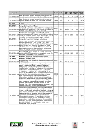 Catálogo de Referência de Serviços e Custos 
Volume 2 - 22ª Edição – Julho/2014 
183 
CÓDIGO DESCRIÇÃO CLASS UNID. MAT. 
(R$) 
M.O. 
(R$) 
OUTROS 
(R$) 
TOTAL 
(R$) 
C25.25.05.10.005 Mesa de concreto armado, tampo em granito montado em 
forma de tabuleiro de trilha, com 70x70 cm e 75 cm de altura EMPRE un 0 0 1271,84 1271,84 
C25.25.05.10.010 
Mesa de concreto armado, tampo em granito montado em 
forma de tabuleiro de xadrez, com 70x70 cm e 75 cm de 
altura 
EMPRE un 0 0 1372,4 1372,4 
C25.25.15 Mobiliário Urbano em Madeira 
C25.25.15.44 Brinquedos Infantis em Madeira 
C25.25.15.44.005 
Gangorra 03 lugares com estrutura lateral em eucalipto com 
travessa em aço galvanizado 1"1/4, pranchas em madeira de 
itauba de comp.: 290cm x larg.:23 cm - instalada. 
SER.C 
G un 1484,65 7,3 0,01 1491,96 
C25.25.15.44.027 
Maratona com escorregador, escada de rede, escada 
alternada, balanço, disco, trapezio duplo, rede de torneados, 
escada de marinheiro, argolas, cestos de torneados, tunel de 
torneados, ponte pensil, escalada e rappel - instalada. 
SER.C 
G un 4812,19 22,53 0,03 4834,75 
C25.25.15.45 Brinquedos Infantis em Eucalipto Autoclavado 
C25.25.15.45.005 
Parque infantil estrutura de eucalipto tratado em autoclave e 
ferragens galvanizadas a fogo ,01 torre 1,35x1,35m c/ 
cobertura fibra de vidro, 01 torre 0,94x0,94m s/ cobertura, 01 
escada em ferro galv. c/ degraus em madeira, 01 ponte 
pênsil com cordas para proteção, 01 rampa de cordas, 02 
escorregadores retos em fibra de vidroe 03 fechamentos 
laterais de proteção nas torres - instalada. 
SER.C 
G un 7978,58 22,53 0,03 8001,14 
C25.25.15.45.020 
Balanço "X" 03 lugares estrutura de eucalipto tratado em 
autoclave 4,50x2,70m, assentos em tabua itauba comp. 45 e 
larg. 25cm e correntes de 1,52m - instalada. 
SER.C 
G un 2101,52 19,85 0,02 2121,39 
C25.25.16 Mobiliário Urbano em Aço Galvanizado/Carbono 
C25.25.16.01 Academia da Melhor Idade 
C25.25.16.01.005 Multi exercitador com seis funções, em tubo aço carbono de 
2 1/2", instalado. 
SER.C 
G un 4006,16 9,43 0 4015,59 
C25.25.16.01.006 
Multi-exercitador conjugado com seis funções distintas 
sendo: 1.º Flexor de Pernas; 2.º Extensor de Pernas; 
3.ºSupino reto Sentado; 4.º Supino inclinado Sentado; 5.º 
Rotação Vertical Individual; 6.º Puxada Alta - em tubo de aço 
carbono de no minimo 2"1/2 x 2mm; 3/4 x 1,5; 2"x 2mm; 
1"1/2x3mm; 1" x 1,5mm; 1"1/2 x 1,5mm; oblongo de no 
minimo 20 x 50 x 1,5mm. Utilizar pinos maciços, rolamentos 
duplos,pintura a po eletrostatica , batentes de borracha, 
solda mig, orificios para a fixação do equipamento 
(chumbadores parabout), cortes a laser; tampão de metal 
arredondado, especificações musculares em cada aparelho 
em baixo relevo em inox, carga maxima de peso 5kg por 
disco, oferecendo total segurença ao usuário, permitindo 
portando, que o aparelho possa ser instalado em area 
fechadas e ao ar livre, resistentes as ações climaticas e que 
permita a pratica de 4 usuarios simultaneamente. 
SER.C 
G un 4006,16 9,43 0 4015,59 
C25.25.16.01.008 
Simulador de cavalgada simples - em tubo de aço carbono 
de no mínimo 2"1/2 x 2mm; 2" x 2mm; 1"1/2x 1,5mm; 1" x 
1.5mm; 1"1/2 x 1.5mm; ferro chato de no mínimo 2"1/2 x 1/4; 
pinos maciços, rolamentos duplos, pintura a po eletrostática, 
batentes de borracha, solda mig, orifícios para a fixação do 
equipamento (chumbadores parabout); cortes a laser; 
especificações musculares em cada aparelho em baixo 
relevo em inox; tampão de metal arredondado; bancos 
estampados e arredondados sem quinas; oferecendo total 
segurança ao usuário, permitindo por tanto, que o aparelho 
possa ser instalado em areas fechadas e ao ar livre, 
resistente as ações climáticas. 
SER.C 
G un 3054,77 9,43 0 3064,2 
 