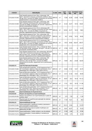 Catálogo de Referência de Serviços e Custos 
Volume 2 - 22ª Edição – Julho/2014 
43 
CÓDIGO DESCRIÇÃO CLASS UNID. MAT. 
(R$) 
M.O. 
(R$) 
OUTROS 
(R$) 
TOTAL 
(R$) 
C10.28.25.10.025 
Laje treliçada espessura final: 20cm, sobrecarga: 300 
kg/m² / vão 6,00 m (inclusive: enchimento cerâmico, altura 
da laje:16cm, concreto fck 25Mpa, lançamento do concreto, 
capeamento4cm e escoramento metálico) 
SER.CG m² 72,68 26,39 23,48 122,55 
C10.28.25.10.028 
Laje treliçada espessura final: 35cm, sobrecarga: 350 
kg/m² (inclusive: enchimento EPS, altura da laje:30cm, 
concreto fck 25Mpa, lançamento do concreto, capeamento 
de:5cm e escoramento metálico) 
SER.CG m² 91,33 25,77 18,72 135,81 
C10.28.25.10.029 
Laje treliçada espessura final: 40 cm, sobrecarga: 350 
kg/m² / vão 10,00 m, (inclusive: enchimento em EPS, altura 
da laje: 35cm, concreto fck 25Mpa, lançamento do 
concreto, capeamento de 5cm e escoramento metálico) 
SER.CG m² 124,02 25,77 18,72 168,5 
C10.28.25.10.030 
Laje treliçada espessura final: 12cm, sobrecarga: 400 
kg/m² / vão 4,00 m (inclusive: enchimento capa cerâmico, 
altura da laje:8cm, concreto fck 25Mpa, lançamento do 
concreto, capeamento 4cm e escorramento metálico) 
SER.CG m² 44,7 24,02 19,74 88,45 
C10.28.25.10.031 
Laje treliçada espessura final: 42 cm, sobrecarga: 300 
kg/m² / vão 12,00 m (inclusive: enchimento em EPS, altura 
da laje:35cm, concreto fck 25Mpa, lançamento do concreto, 
capeamento 7cm e escoramento metálico) 
SER.CG m² 157,6 49,64 202,47 409,71 
C10.28.25.10.032 
Laje treliçada espessura final: 12cm + 2 barras de 10mm 
na fabricação da laje, sobrecarga: 350 kg/m² / vão até 5,70 
m (inclusive: enchimento EPS) 
SER.CG m² 47,08 12,72 0 59,79 
C10.28.25.10.035 
Laje treliçada espessura final: 16cm sobrecarga: 400 kg/m² 
/ vão 5,00 m (inclusive:enchimento em capa cerâmica, 
altura da laje:12cm, concreto fck 25Mpa, lançamento do 
concreto, capeamento de 4cm e escoramento metálico) 
SER.CG m² 53,96 25,27 22,08 101,31 
C10.28.25.10.040 
Laje treliçada espessura final: 20cm, sobrecarga: 400 
kg/m² / vão 6,00 m,(inclusive: enchimento em capa 
cerâmica, altura da laje:16cm, concreto fck 25Mpa, 
lançamento do concreto, capeamento 4cm e escoramento 
metálico) 
SER.CG m² 78,46 26,4 23,58 128,44 
C10.28.25.15 Laje Pré-Fabricada Protendida 
C10.28.25.15.005 
Laje pré-fabricada protendida - V2100 (espessura final: 12 
cm / enchimento: cerâmica / Altura do enchimento: 8 cm / 
sobrecarga: 50 a 1000 kg/m² / Vão: 5,80 a 2,45 m ) 
SER.CG m² 46,38 21,45 14,91 82,75 
C10.28.25.15.010 
Laje pré-fabricada protendida - V3110 (espessura final: 12 
cm / enchimento: cerâmica / Altura do enchimento: 8 cm / 
sobrecarga: 50 a 1000 kg/m² / Vão: 7,10 a 3,05 m ) 
SER.CG m² 53,12 21,45 14,91 89,49 
C10.28.25.15.015 
Laje pré-fabricada protendida - V3110 (espessura final: 16 
cm / enchimento: cerâmica / Altura do enchimento: 12 cm / 
sobrecarga: 50 a 1000 kg/m² / Vão: 8,00 a 3,70 m ) 
SER.CG m² 60,57 22,4 18,16 101,12 
C10.28.25.15.020 
Laje pré-fabricada protendida - V4111 (espessura final: 16 
cm / enchimento: cerâmica / Altura do enchimento: 12 cm / 
sobrecarga: 50 a 1000 kg/m² / Vão: 9,05 a 4,15 m ) 
SER.CG m² 71,01 22,4 18,16 111,56 
C10.28.25.15.025 
Laje pré-fabricada protendida - V4111 (espessura final: 20 
cm / enchimento: EPS / Altura do enchimento: 16 cm / 
sobrecarga: 50 a 1000 kg/m² / Vão: 9,90 a 4,80 m ) 
SER.CG m² 76,07 23,34 21,57 120,98 
C10.28.30 Impermeabilização de Superestrutura 
C10.28.30.05 Preparo de Superfície p/ Impermeabilização 
C10.28.30.05.005 Preparo de superfície a ser impermeabilizada c/ pasta de 
cimento, areia. SER.CG m² 3,74 7,29 0 11,04 
C10.28.30.05.010 Regularização de superfície para aplicação de sistemas 
impermeabilizantes SER.CG m² 17,39 19,21 0 36,6 
C10.28.30.10 Impermeabilização de Laje 
C10.28.30.10.005 Impermeabilização c/ elastômero sintético calandrado e 
pré-vulcanizado e manta butílica SER.CG m² 103,14 15,64 0 118,78 
C10.28.30.10.008 Impermeabilizante a base de asfalto modificado com 
elastomeros de SBS. SER.CG m² 50,41 25,77 0 76,18 
C10.28.30.10.010 Impermeabilização c/ asfalto oxidado e véu de poliéster SER.CG m² 31,28 6,56 0 37,84 
C10.28.30.10.015 Impermeabilização c/ manta asfáltica c/ armadura de 
polietileno SER.CG m² 18,63 3,72 0 22,34 
 