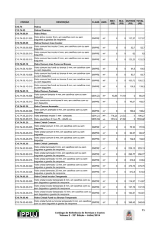Catálogo de Referência de Serviços e Custos 
Volume 2 - 22ª Edição – Julho/2014 
71 
CÓDIGO DESCRIÇÃO CLASS UNID. MAT. 
(R$) 
M.O. 
(R$) 
OUTROS 
(R$) 
TOTAL 
(R$) 
C10.74 Vidros 
C10.74.05 Vidros Diversos 
C10.74.05.01 Vidro Ártico 
C10.74.05.01.005 Vidro ártico incolor 3mm, em caixilhos com ou sem 
baguetes e gaxetas de neoprene EMPRE m² 0 0 127,57 127,57 
C10.74.05.05 Vidros Comum Liso Incolor 
C10.74.05.05.005 Vidro comum liso incolor 3 mm, em caixilhos com ou sem 
baguetes EMPRE m² 0 0 52,7 52,7 
C10.74.05.05.010 Vidro comum liso incolor 4 mm, em caixilhos com ou sem 
baguetes EMPRE m² 0 0 62 62 
C10.74.05.05.015 Vidro comum liso incolor 6 mm, em caixilhos com ou sem 
baguetes EMPRE m² 0 0 123,23 123,23 
C10.74.05.10 Vidro Comum Liso Fume ou Bronze 
C10.74.05.10.001 Vidro comum liso fumê ou bronze 3 mm, em caixilhos com 
ou sem baguetes EMPRE m² 0 0 64,5 64,5 
C10.74.05.10.005 Vidro comum liso fumê ou bronze 4 mm, em caixilhos com 
ou sem baguetes EMPRE m² 0 0 83,7 83,7 
C10.74.05.10.010 Vidro comum liso fumê ou bronze 5 mm, em caixilhos com 
ou sem baguetes EMPRE m² 0 0 100,72 100,72 
C10.74.05.10.015 Vidro comum liso fumê ou bronze 6 mm, em caixilhos com 
ou sem baguetes EMPRE m² 0 0 139,5 139,5 
C10.74.05.15 Vidro Comum Fantasia 
C10.74.05.15.005 Vidro comum fantasia 4 mm, em caixilhos com ou sem 
baguetes SER.CG m² 43,85 41,49 0 85,34 
C10.74.05.15.010 Vidro translucido mini-boreal 4 mm, em caixilhos com ou 
sem baguetes EMPRE m² 0 0 49,57 49,57 
C10.74.05.20 Vidro Comum Aramado 
C10.74.05.20.005 Vidro comum aramado 6 mm, em caixilhos com ou sem 
baguetes EMPRE m² 0 0 159,2 159,2 
C10.74.05.20.010 Vidro aramado incolor 7 mm - colocado SER.CG m² 178,25 21,02 0 199,27 
C10.74.05.20.015 Vidro plumbífero 2,1mm Pb - 40x30 cm SER.CG un 1512,4 21,02 0 1533,42 
C10.74.05.25 Vidro Cristal Comum 
C10.74.05.25.005 Vidro cristal comum 4 mm, em caixilhos com ou sem 
baguetes EMPRE m² 0 0 72,33 72,33 
C10.74.05.25.010 Vidro cristal comum 5 mm, em caixilhos com ou sem 
baguetes EMPRE m² 0 0 99,37 99,37 
C10.74.05.25.015 Vidro cristal comum 6 mm, em caixilhos com ou sem 
baguetes EMPRE m² 0 0 102,8 102,8 
C10.74.05.30 Vidro Cristal Laminado 
C10.74.05.30.005 Vidro cristal laminado 6 mm, em caixilhos com ou sem 
baguetes e gaxeta de neoprene EMPRE m² 0 0 229,15 229,15 
C10.74.05.30.010 Vidro cristal laminado 8 mm, em caixilhos com ou sem 
baguetes e gaxeta de neoprene EMPRE m² 0 0 296,77 296,77 
C10.74.05.30.015 Vidro cristal laminado 10 mm, em caixilhos com ou sem 
baguetes e gaxeta de neoprene EMPRE m² 0 0 318,8 318,8 
C10.74.05.30.020 Vidro cristal laminado 12 mm, em caixilhos com ou sem 
baguetes e gaxeta de neopreme EMPRE m² 0 0 379,75 379,75 
C10.74.05.30.025 Vidro cristal laminado 20 mm, em caixilhos com ou sem 
baguetes e gaxeta de neopreme EMPRE m² 0 0 672,8 672,8 
C10.74.05.35 Vidro Cristal Incolor Temperado 
C10.74.05.35.005 Vidro cristal incolor temperado 6 mm, em caixilhos com ou 
sem baguetes e gaxeta de neoprene EMPRE m² 0 0 114,67 114,67 
C10.74.05.35.010 Vidro cristal incolor temperado 8 mm, em caixilhos com ou 
sem baguetes e gaxeta de neopreme EMPRE m² 0 0 137,78 137,78 
C10.74.05.35.015 Vidro cristal incolor temperado 10 mm, em caixilhos com ou 
sem baguetes e gaxeta de neoprene EMPRE m² 0 0 163,81 163,81 
C10.74.05.40 Vidro Cristal Fumê ou Bronze Temperado 
C10.74.05.40.005 Vidro cristal fumê ou bronze temperado 6 mm, em caixilhos 
com ou sem baguetes e gaxeta de neoprene EMPRE m² 0 0 348,45 348,45 
 