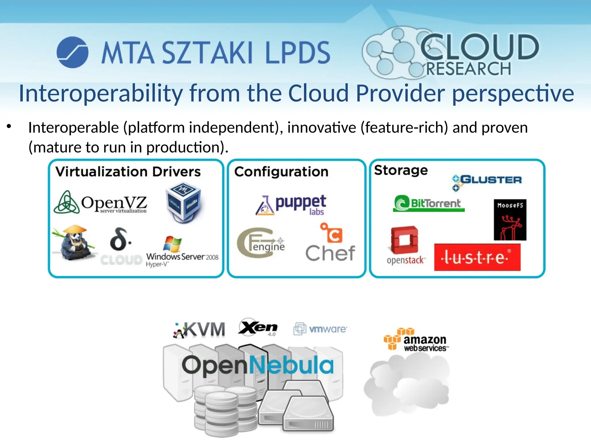 Interoperability from the Cloud Provider perspective
• Interoperable (platform independent), innovative (feature-rich) and proven
(mature to run in production).
 