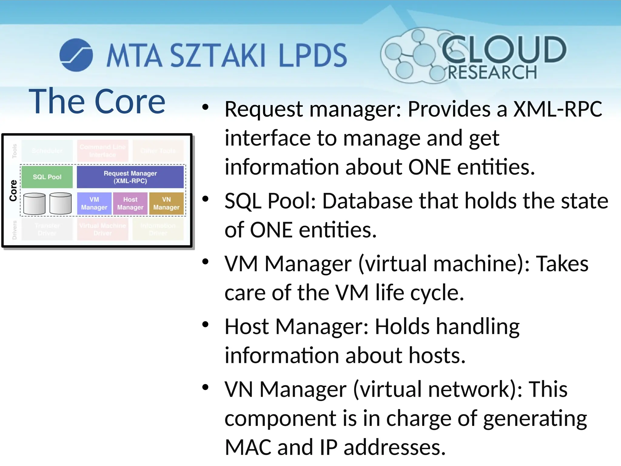 The Core • Request manager: Provides a XML-RPC
interface to manage and get
information about ONE entities.
• SQL Pool: Database that holds the state
of ONE entities.
• VM Manager (virtual machine): Takes
care of the VM life cycle.
• Host Manager: Holds handling
information about hosts.
• VN Manager (virtual network): This
component is in charge of generating
MAC and IP addresses.
 