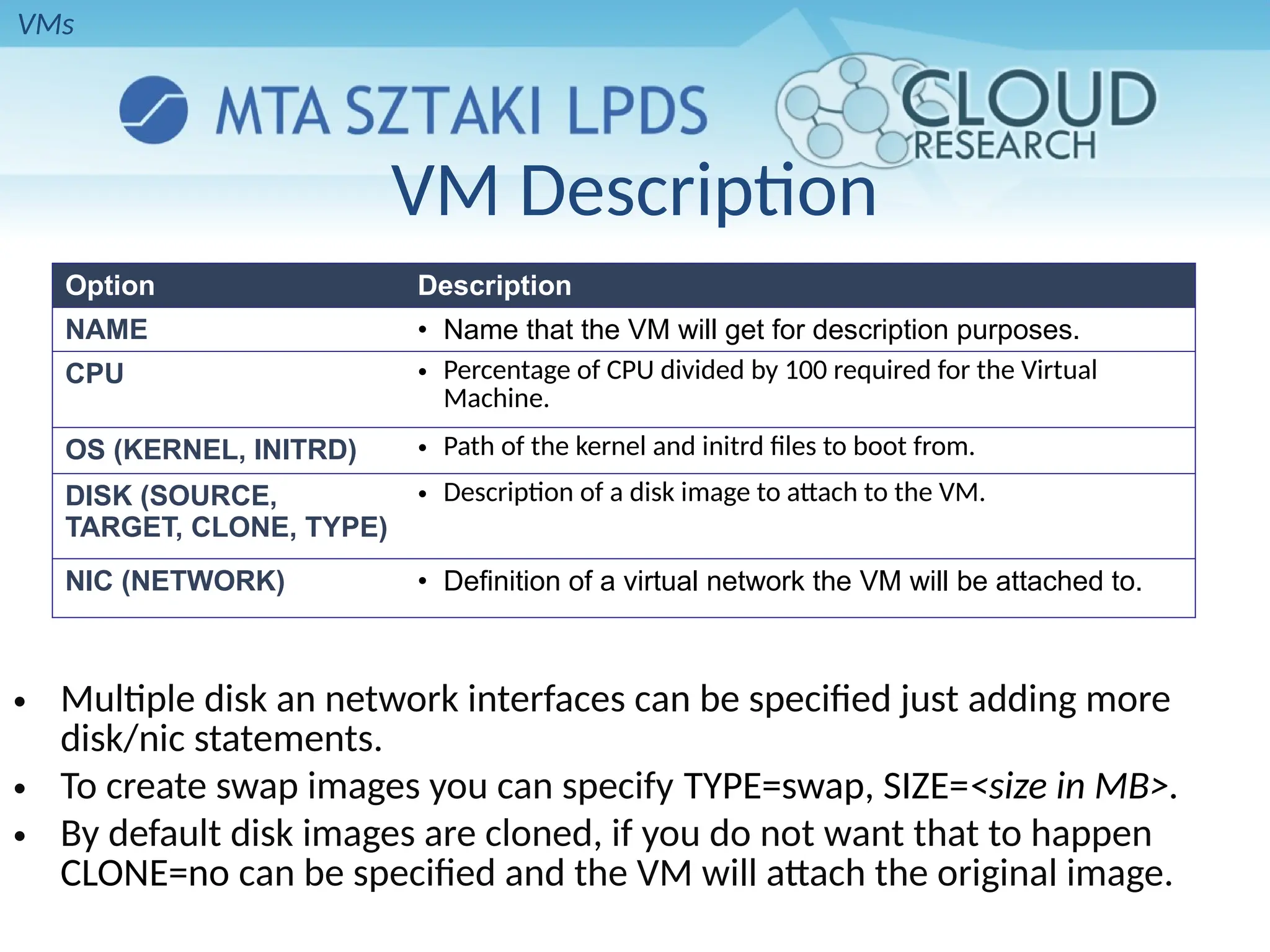 Option Description
NAME • Name that the VM will get for description purposes.
CPU • Percentage of CPU divided by 100 required for the Virtual
Machine.
OS (KERNEL, INITRD) • Path of the kernel and initrd files to boot from.
DISK (SOURCE,
TARGET, CLONE, TYPE)
• Description of a disk image to attach to the VM.
NIC (NETWORK) • Definition of a virtual network the VM will be attached to.
VM Description
• Multiple disk an network interfaces can be specified just adding more
disk/nic statements.
• To create swap images you can specify TYPE=swap, SIZE=<size in MB>.
• By default disk images are cloned, if you do not want that to happen
CLONE=no can be specified and the VM will attach the original image.
VMs
 