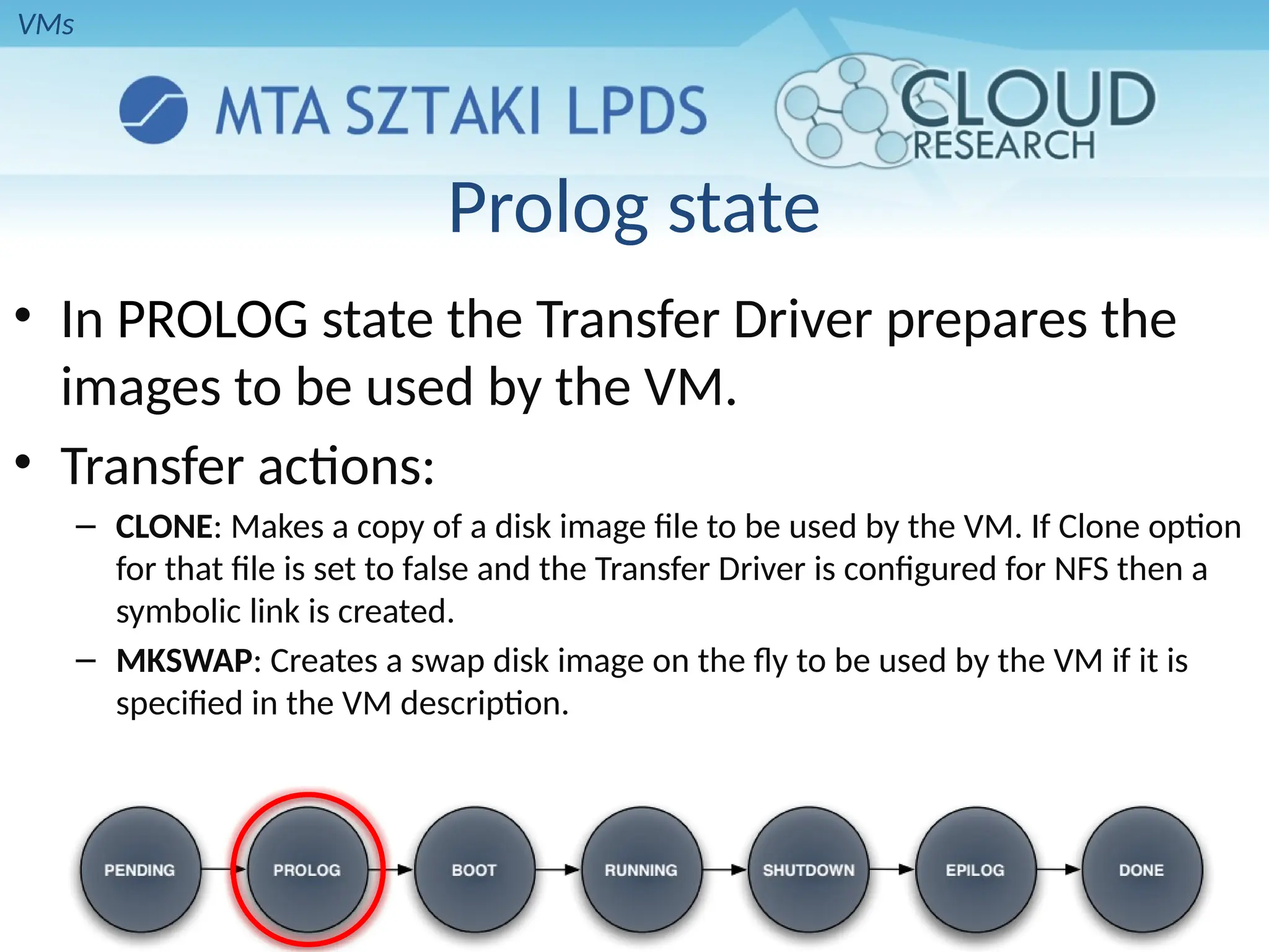 Prolog state
• In PROLOG state the Transfer Driver prepares the
images to be used by the VM.
• Transfer actions:
– CLONE: Makes a copy of a disk image file to be used by the VM. If Clone option
for that file is set to false and the Transfer Driver is configured for NFS then a
symbolic link is created.
– MKSWAP: Creates a swap disk image on the fly to be used by the VM if it is
specified in the VM description.
VMs
 