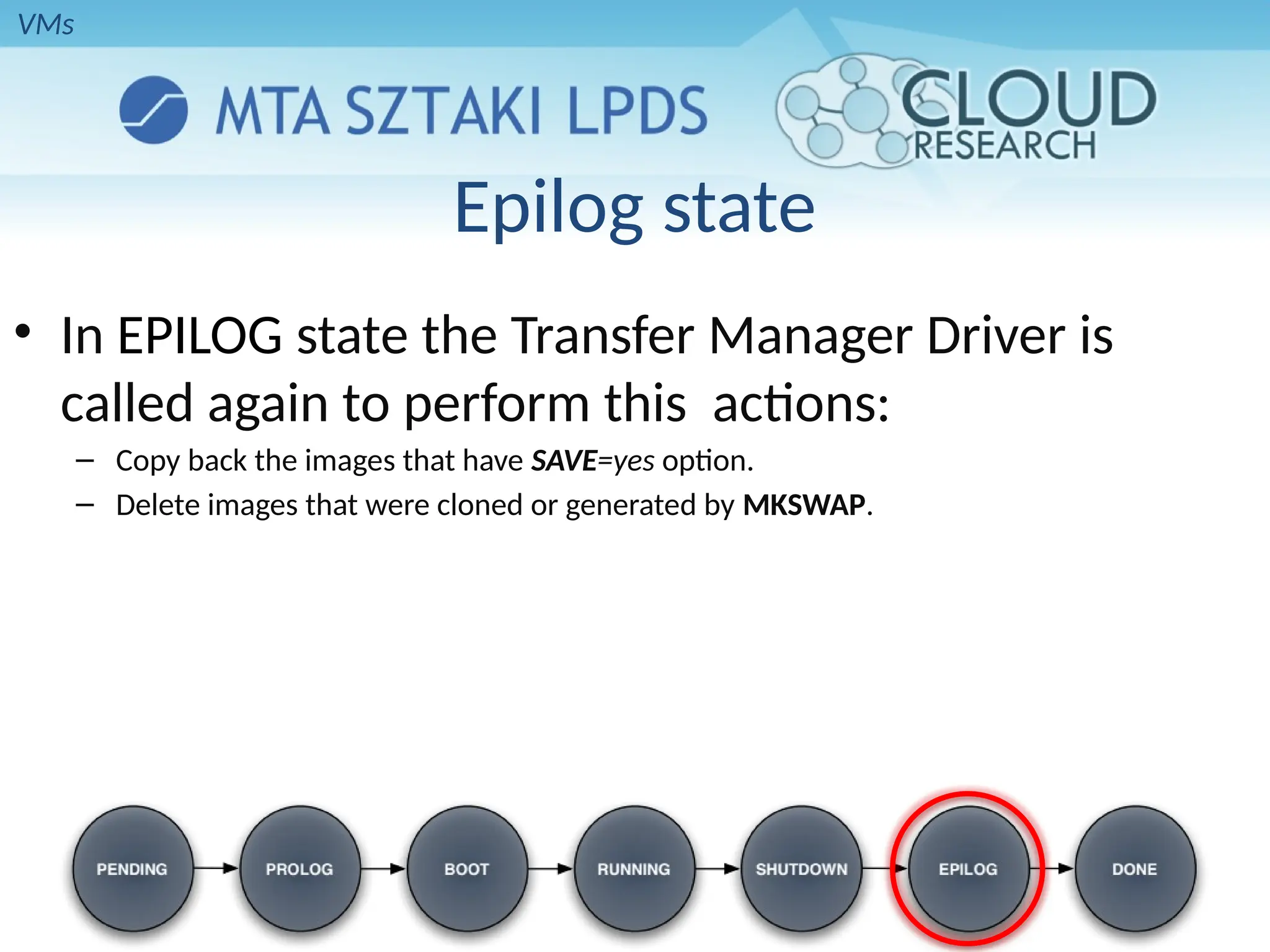 Epilog state
• In EPILOG state the Transfer Manager Driver is
called again to perform this actions:
– Copy back the images that have SAVE=yes option.
– Delete images that were cloned or generated by MKSWAP.
VMs
 
