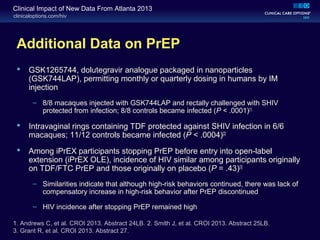 clinicaloptions.com/hiv
Clinical Impact of New Data From Atlanta 2013
Additional Data on PrEP
 GSK1265744, dolutegravir analogue packaged in nanoparticles
(GSK744LAP), permitting monthly or quarterly dosing in humans by IM
injection
– 8/8 macaques injected with GSK744LAP and rectally challenged with SHIV
protected from infection; 8/8 controls became infected (P < .0001)[1]
 Intravaginal rings containing TDF protected against SHIV infection in 6/6
macaques; 11/12 controls became infected (P < .0004)[2]
 Among iPrEX participants stopping PrEP before entry into open-label
extension (iPrEX OLE), incidence of HIV similar among participants originally
on TDF/FTC PrEP and those originally on placebo (P = .43)[3]
– Similarities indicate that although high-risk behaviors continued, there was lack of
compensatory increase in high-risk behavior after PrEP discontinued
– HIV incidence after stopping PrEP remained high
1. Andrews C, et al. CROI 2013. Abstract 24LB. 2. Smith J, et al. CROI 2013. Abstract 25LB.
3. Grant R, et al. CROI 2013. Abstract 27.
 