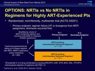 clinicaloptions.com/hiv
Clinical Impact of New Data From Atlanta 2013
OPTIONS: NRTIs vs No NRTIs in
Regimens for Highly ART-Experienced Pts
 Randomized, noninferiority, multicenter trial (ACTG A5241)
– Primary endpoint: regimen failure (VF or divergence from NRTI
assignment, whichever occurred first)
NRTI-Omitting
Individualized Optimized Regimen*
(n = 179)
NRTI-Including
Individualized Optimized Regimen*
(n = 181)
Treatment-experienced pts
failing on PI-based regimen
with NRTI, NNRTI experience
and/or resistance
(N = 360)
Stratified by choice of
MVC-containing regimen and
previous enfuvirtide or integrase
inhibitor experience
*20 potential 3- to 4-drug combinations including DRV/RTV, ENF, ETR, MVC, RAL, TPV/RTV.
Individualized selection of regimens with PSS > 2.
Tashima K, et al. CROI 2013. Abstract 153LB.
Yr 1
Primary Endpoint
Yr 2
Secondary Endpoint
 
