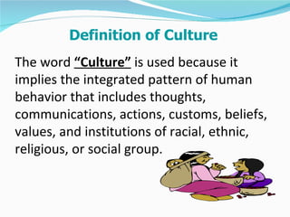 Definition of Culture
The word “Culture” is used because it
implies the integrated pattern of human
behavior that includes thoughts,
communications, actions, customs, beliefs,
values, and institutions of racial, ethnic,
religious, or social group.
 