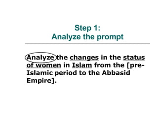 Step 1: Analyze the prompt Analyze the  changes  in the  status of women  in  Islam  from the [pre-Islamic period to the Abbasid Empire]. 
