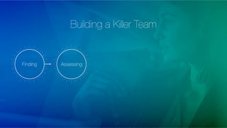 Finding
 Assessing
 Winning
 Retaining
 Developing
Building a Killer Team
 