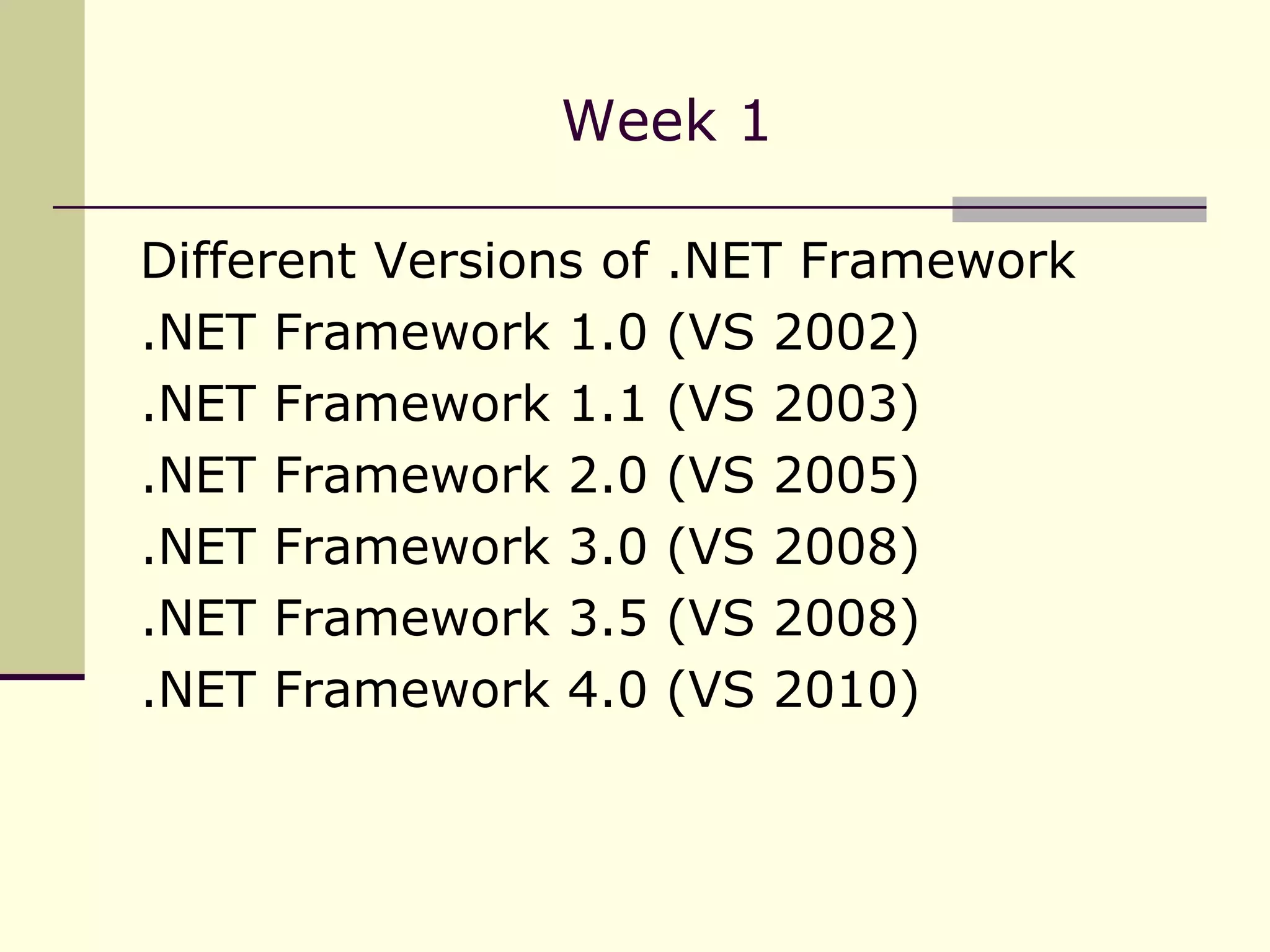 Week 1 Different Versions of .NET Framework .NET Framework 1.0 (VS 2002) .NET Framework 1.1 (VS 2003) .NET Framework 2.0 (VS 2005) .NET Framework 3.0 (VS 2008) .NET Framework 3.5 (VS 2008) .NET Framework 4.0 (VS 2010) 