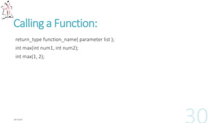 Calling a Function:
return_type function_name( parameter list );
int max(int num1, int num2);
int max(1, 2);
 