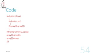 Multi-dimensional Arrays
type name[size1][size2]...[sizeN];
type arrayName [ x ][ y ];
int threedim[5][10][4];
 