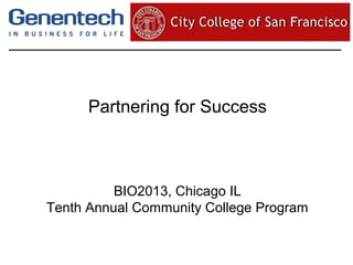 Partnering for Success
BIO2013, Chicago IL
Tenth Annual Community College Program
 