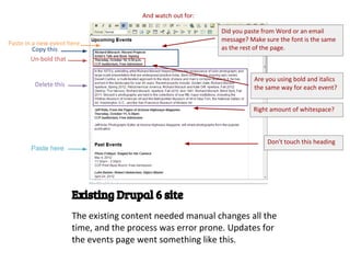 And watch out for:

                                                             Did you paste from Word or an email
                                                             message? Make sure the font is the same
Paste in a new event here
         Copy this                                           as the rest of the page.
        Un-bold that

                                                                        Are you using bold and italics
         Delete this                                                    the same way for each event?


                                                                       Right amount of whitespace?



                                                                            Don't touch this heading
       Paste here




                       Existing Drupal 6 site
                       The existing content needed manual changes all the
                       time, and the process was error prone. Updates for
                       the events page went something like this.
 