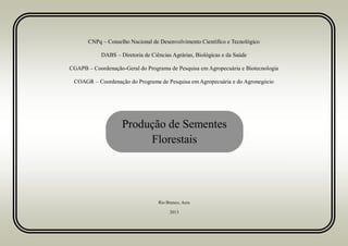 Produção de Sementes
Florestais
CNPq – Conselho Nacional de Desenvolvimento Científico e Tecnológico
DABS – Diretoria de Ciências Agrárias, Biológicas e da Saúde
CGAPB – Coordenação-Geral do Programa de Pesquisa em Agropecuária e Biotecnologia
COAGR – Coordenação do Programa de Pesquisa em Agropecuária e do Agronegócio
Rio Branco, Acre
2013
 
